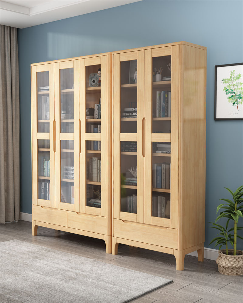 Nordic Solid Wood Oak Bookcase with Toughened Glass with Door to Display Wide Book Cabinet