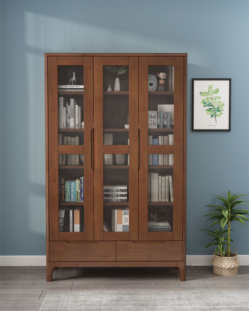 Nordic Solid Wood Oak Bookcase with Toughened Glass with Door to Display Wide Book Cabinet
