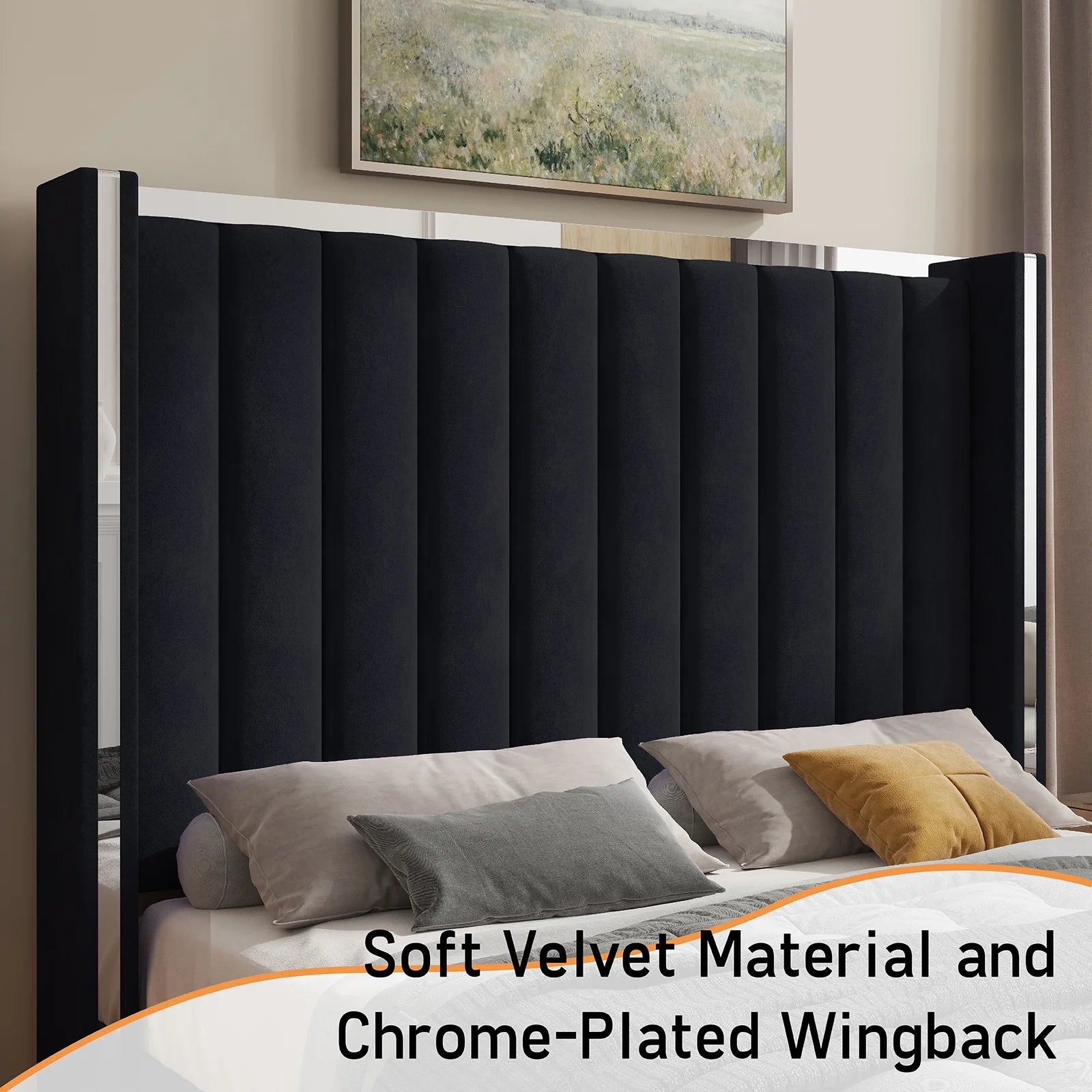 PLAUIN King Size Bed Frame with 58" tall Headboard, Velvet Upholstered Platform bed with Channel Tufted Wingback Headboard and Plating Trim, Black