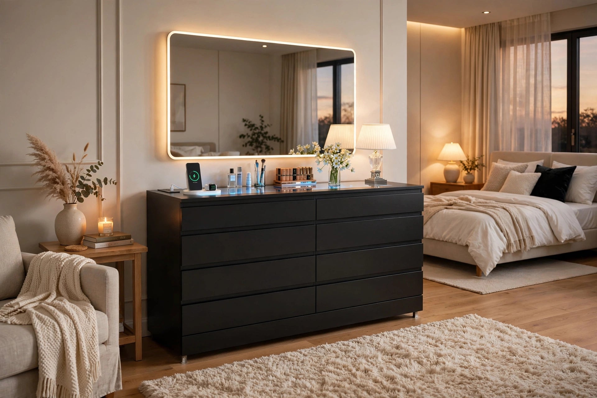 Obsidian black 8-drawer double dresser with LED glass top display styled with perfumes, makeup and flowers in cozy modern bedroom