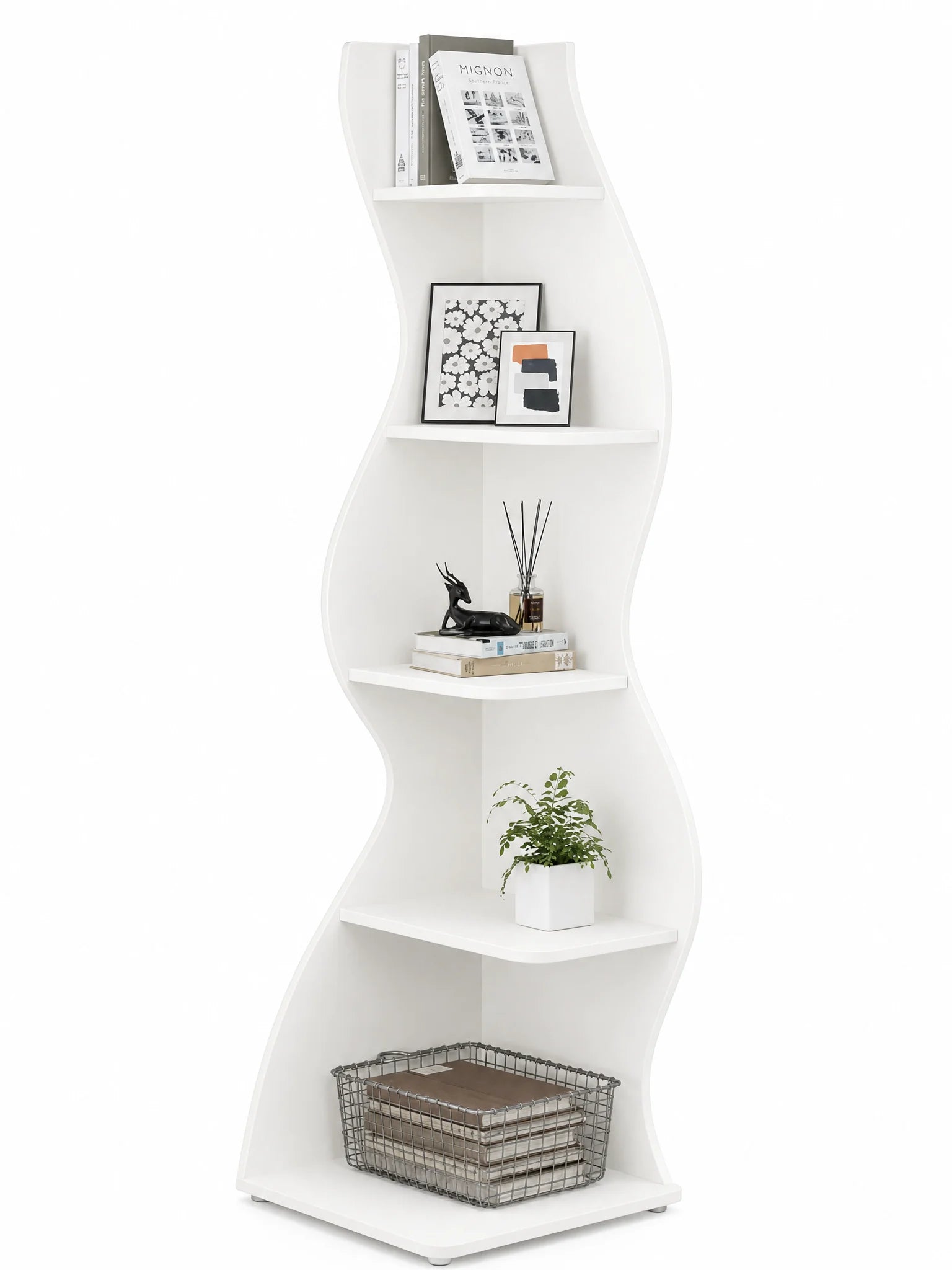 5-Tier Wavy S-Shaped Corner Bookshelf – full product view on white background