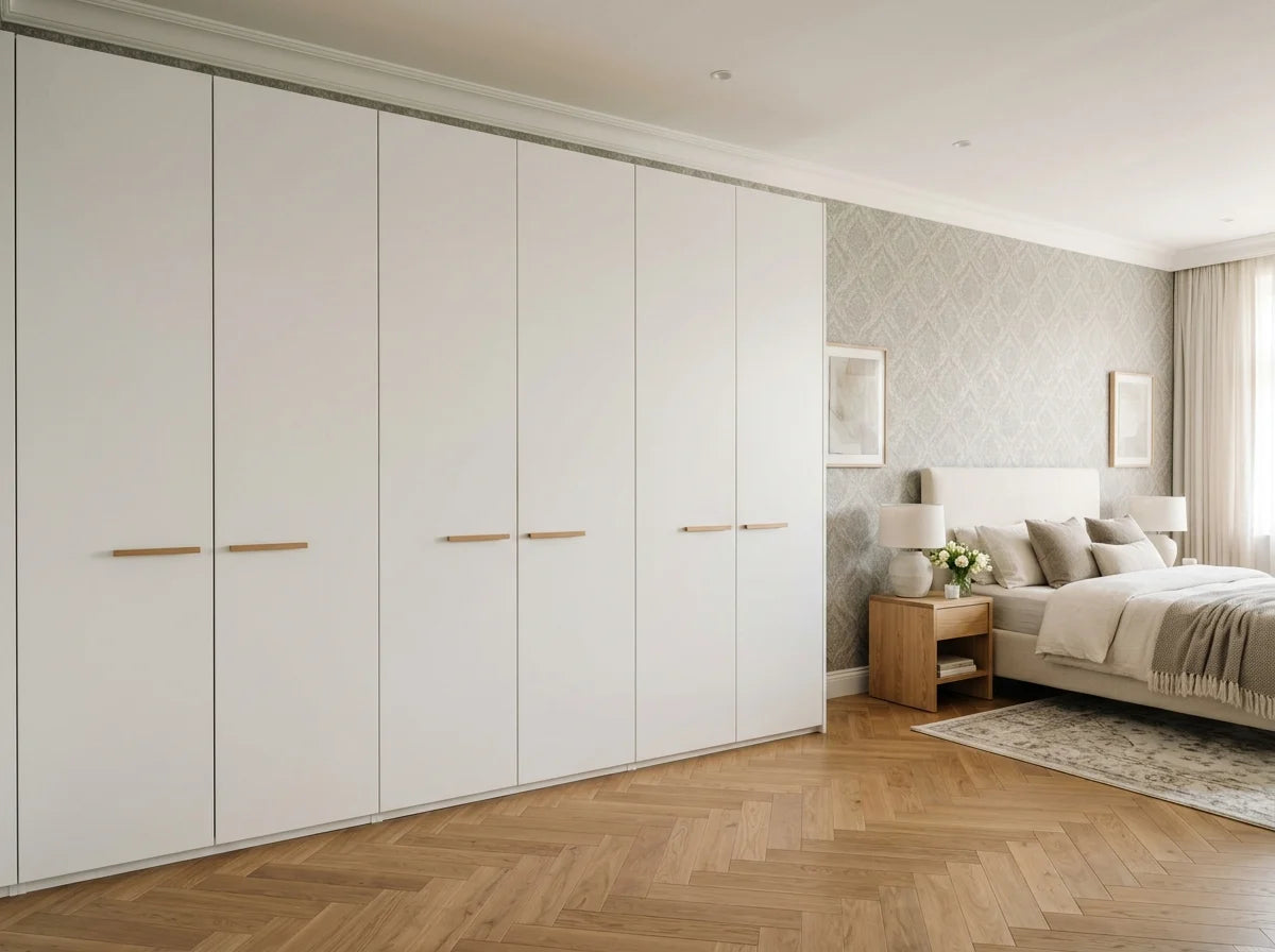 Large modular white wardrobe spanning full wall in bright master bedroom with herringbone wood floor