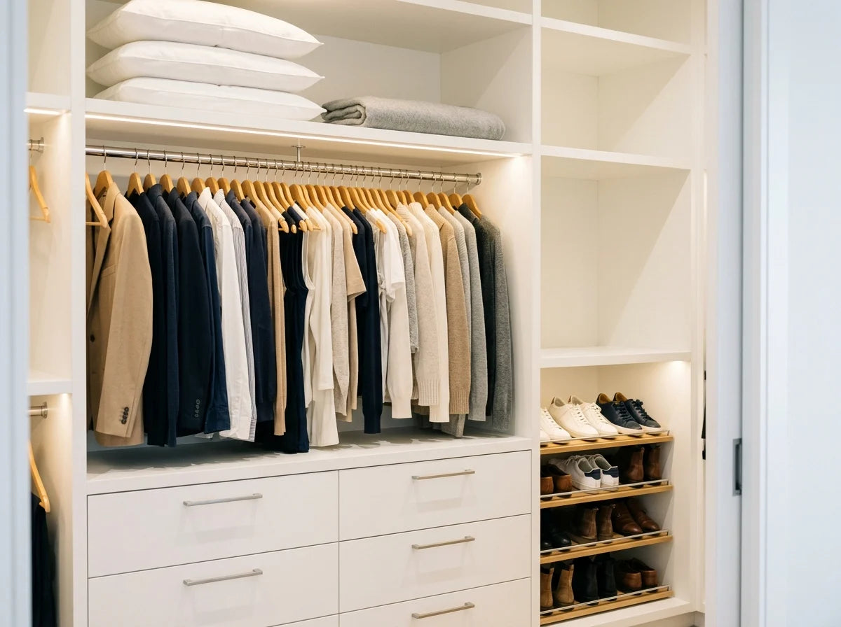 Walk-in closet interior with hanging rail full of clothes, built-in drawers and wooden shoe rack with LED lighting
