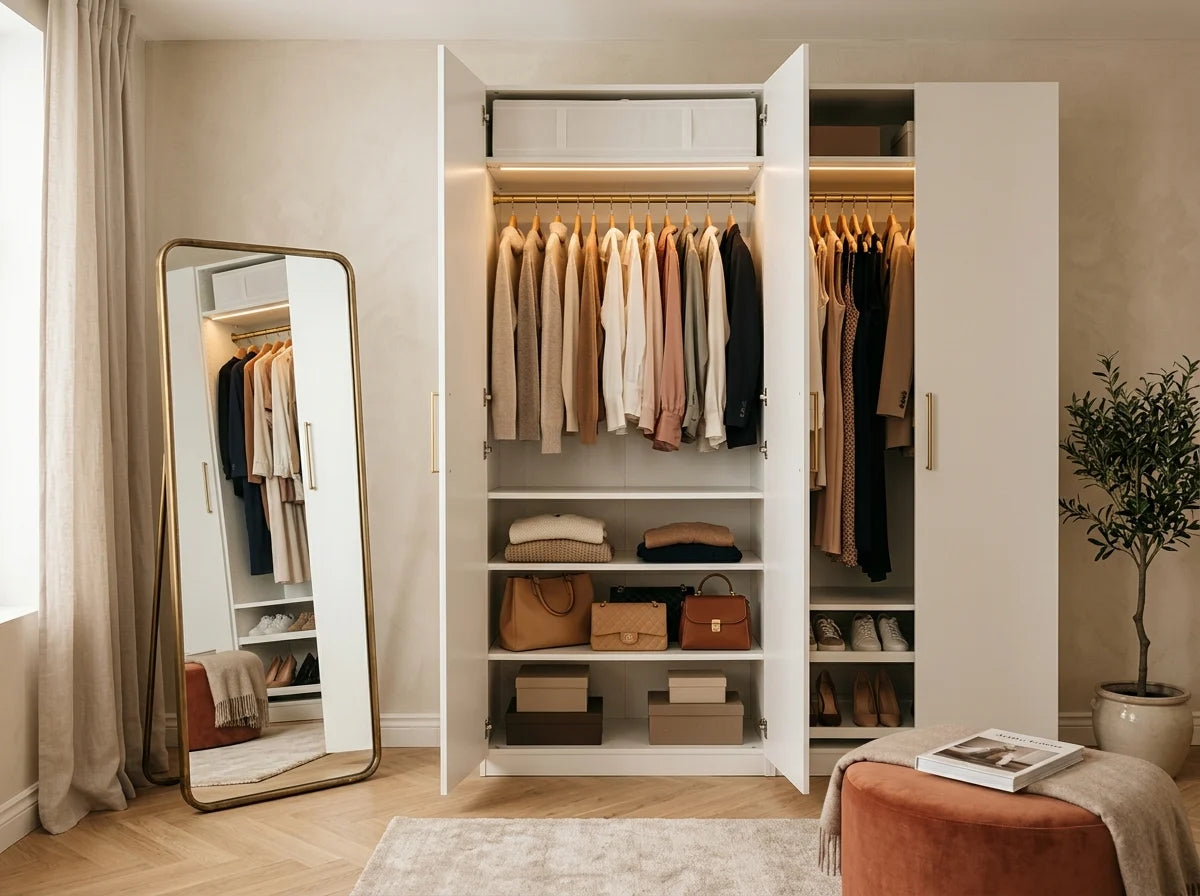 White wardrobe open in elegant bedroom showing hanging clothes, shelves with bags and shoes, with gold mirror beside it