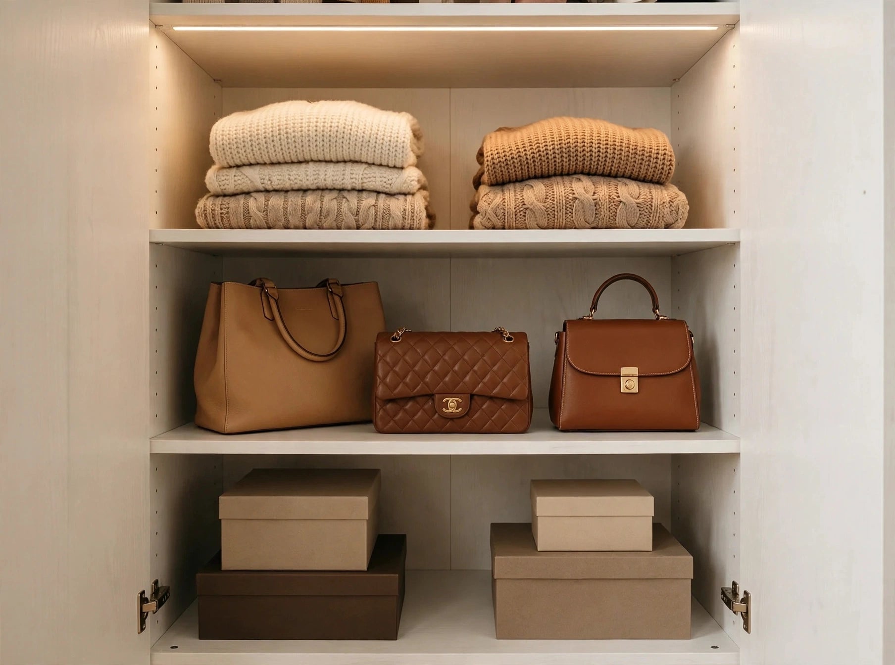 Wardrobe interior shelf detail showing folded sweaters, designer handbags and storage boxes with LED strip lighting