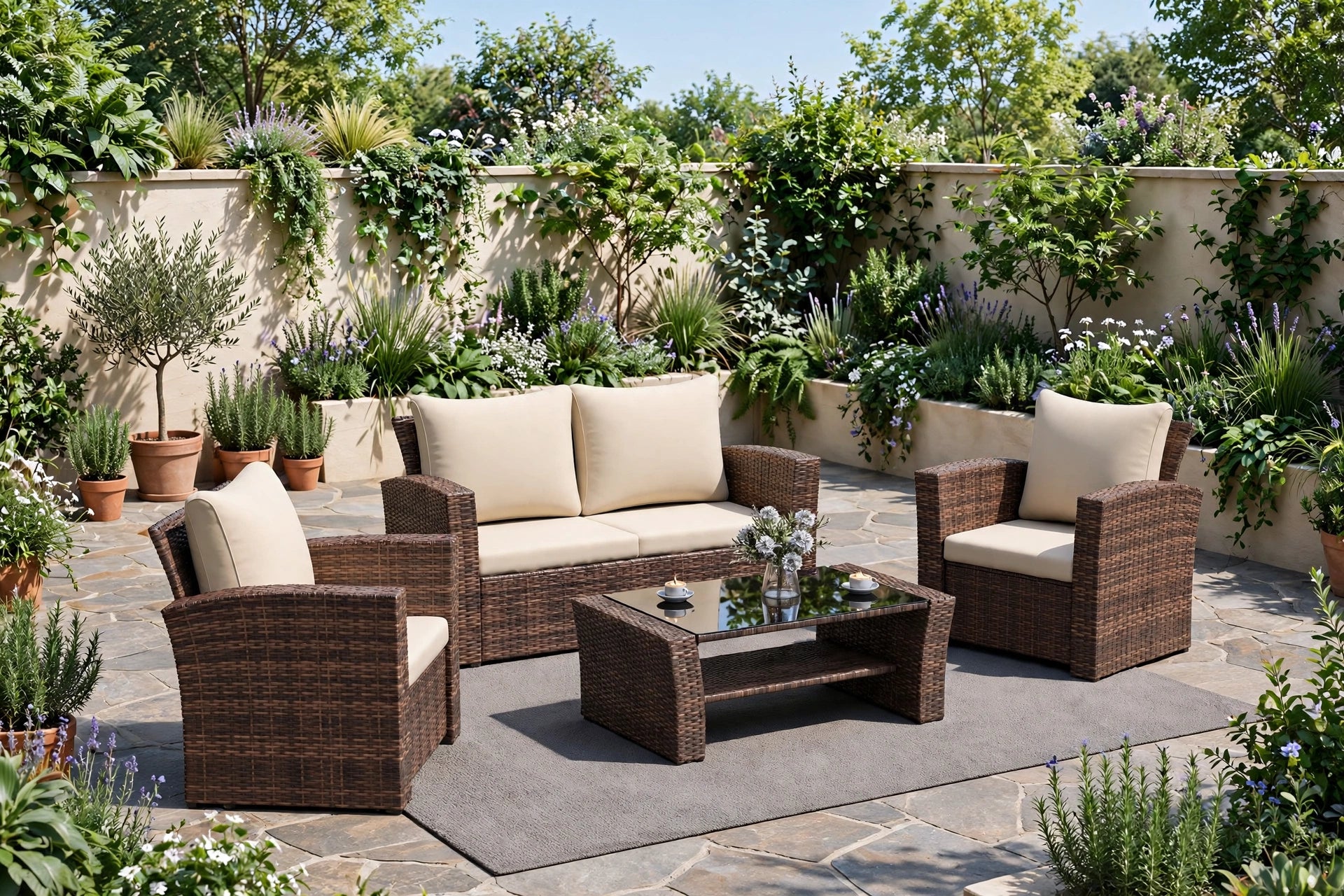 Full 4-piece rattan patio conversation set with cream cushions arranged in lush sunny garden with stone paving and potted plants